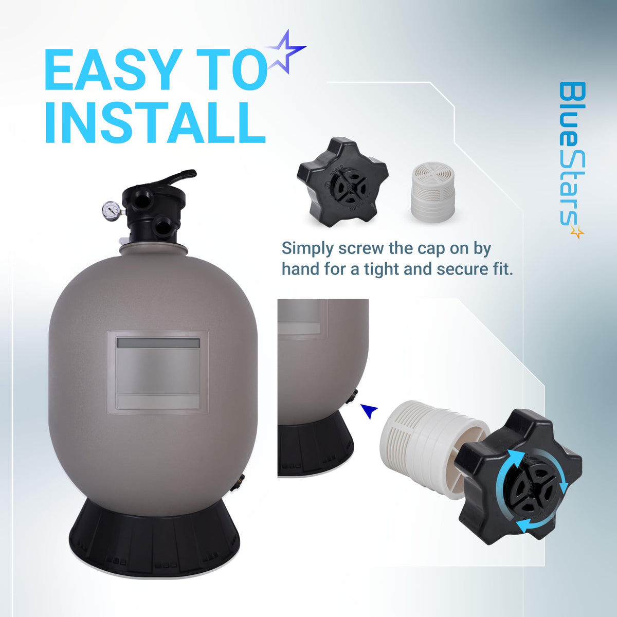 SX180LA pool sand filter drain cap assembly installation guide showing the cap and filter connection.