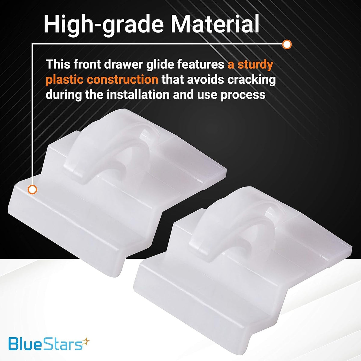 Two white plastic range oven front drawer glides showing durable construction for Electrolux and Frigidaire ranges.