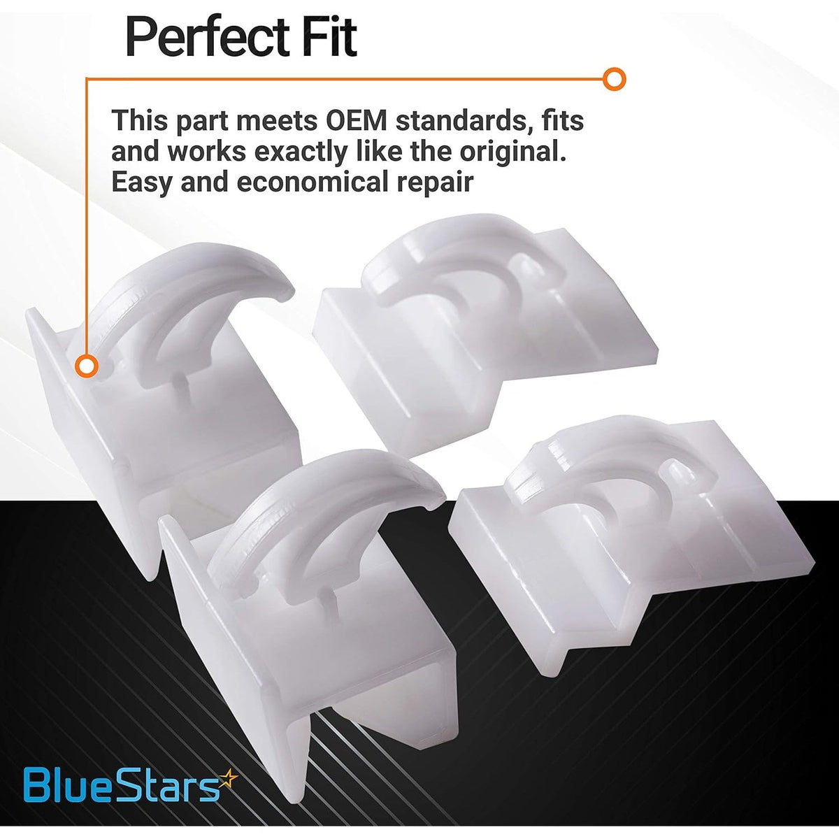 Set of four white plastic range oven front and rear drawer glides for Electrolux and Frigidaire ranges.