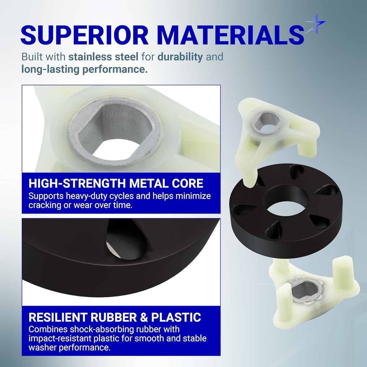 Infographic showing direct drive motor coupling components with metal core and rubber construction for Whirlpool washers.