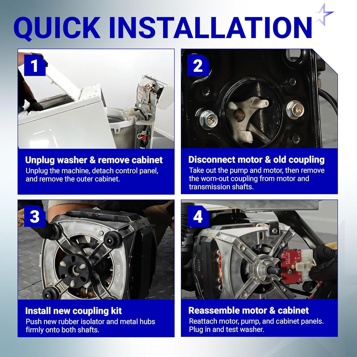 Four-step installation guide for Whirlpool and Kenmore washer direct drive motor coupling kit.