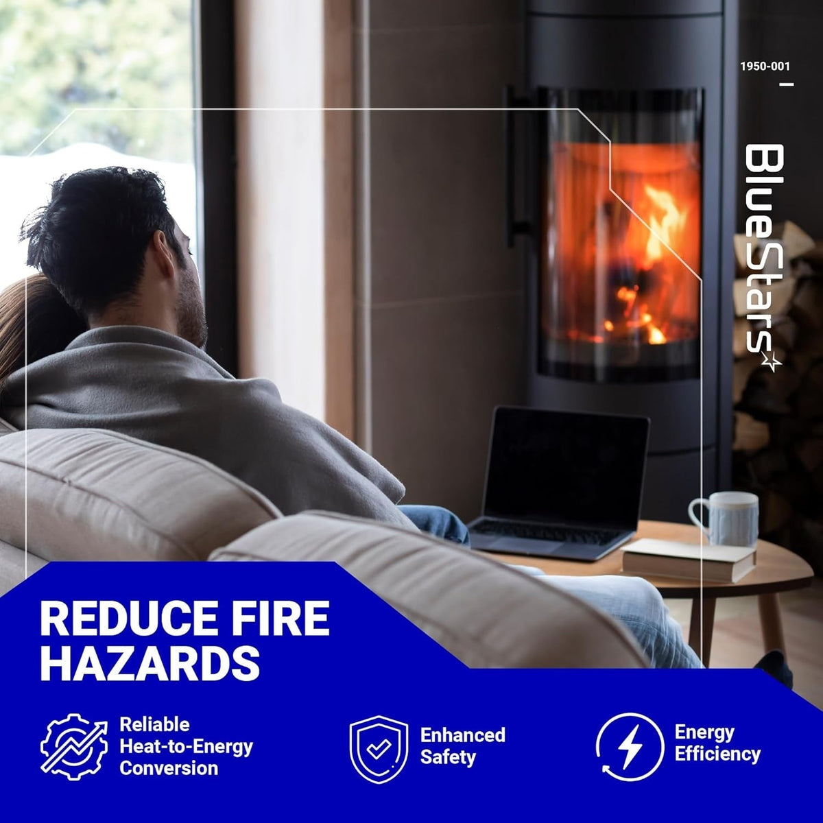 Lifestyle image for 1950-001 Robertshaw Thermopile showing a couple by a fireplace with safety and efficiency icons.