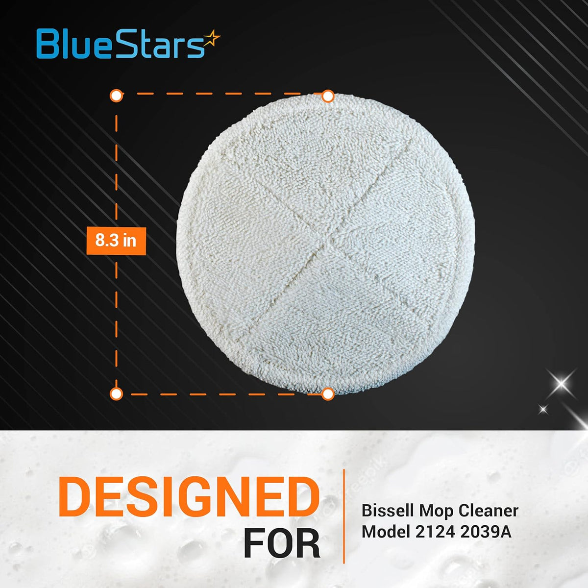 Single soft replacement mop pad for Bissell Spinwave 2124 and 2039A cleaners with 8.3-inch diameter measurement.