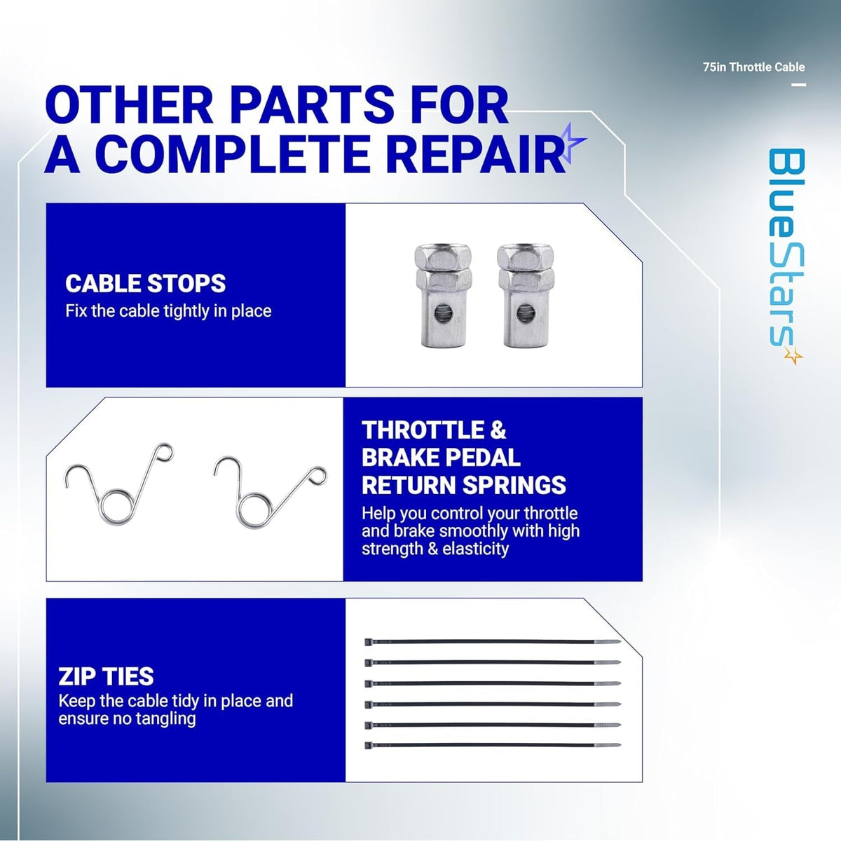 Repair parts for 75-inch throttle cable including cable stops, return springs, and zip ties.