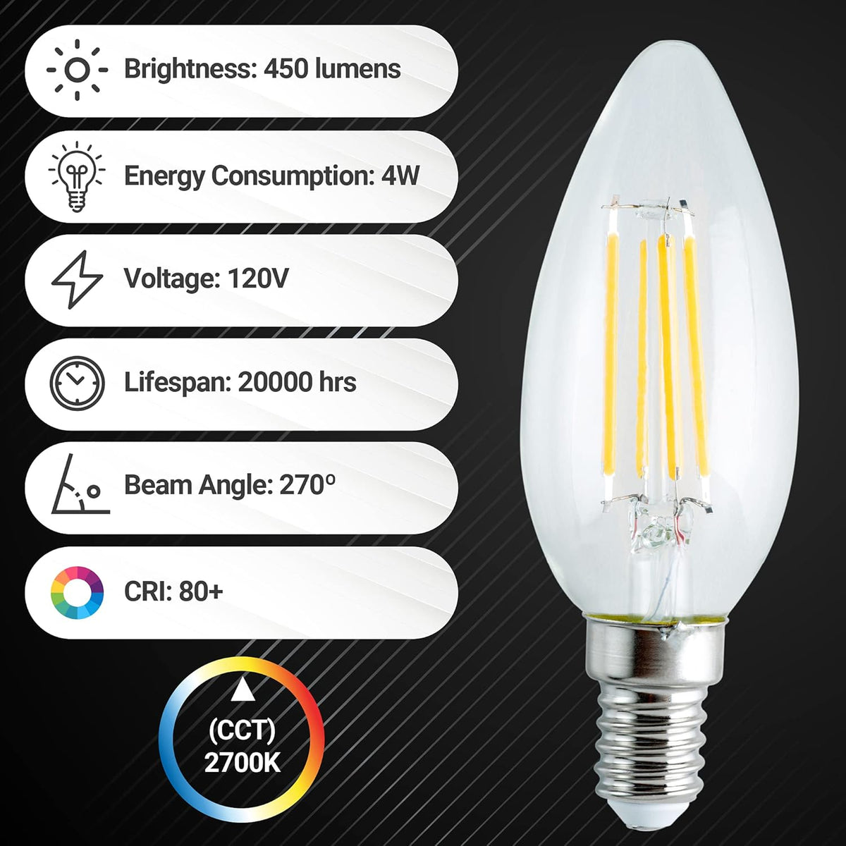 C35 E14 LED bulb with technical specifications infographic showing 450 lumens, 4W power, and 2700K color temperature.