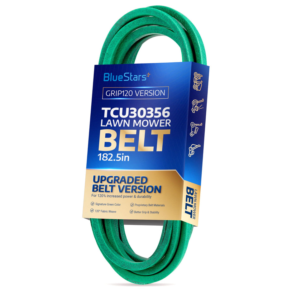 TCU30356 green mower deck belt in BlueStars branded packaging for John Deere ZTrak mowers.