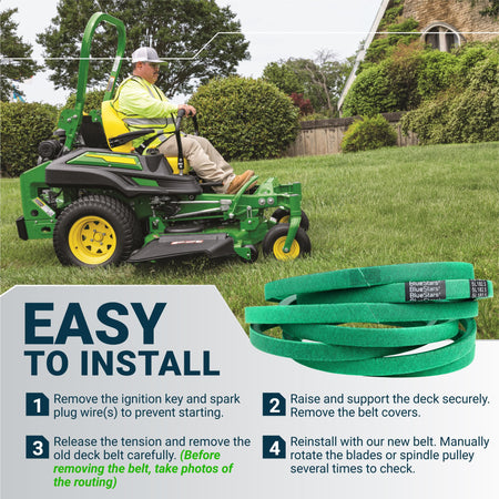 Green replacement mower deck belt with installation instructions for zero-turn lawn mowers.