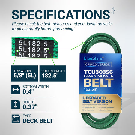 BlueStars TCU30356 lawn mower deck belt specifications chart showing 5/8 inch width and 182.5 inch outer length.