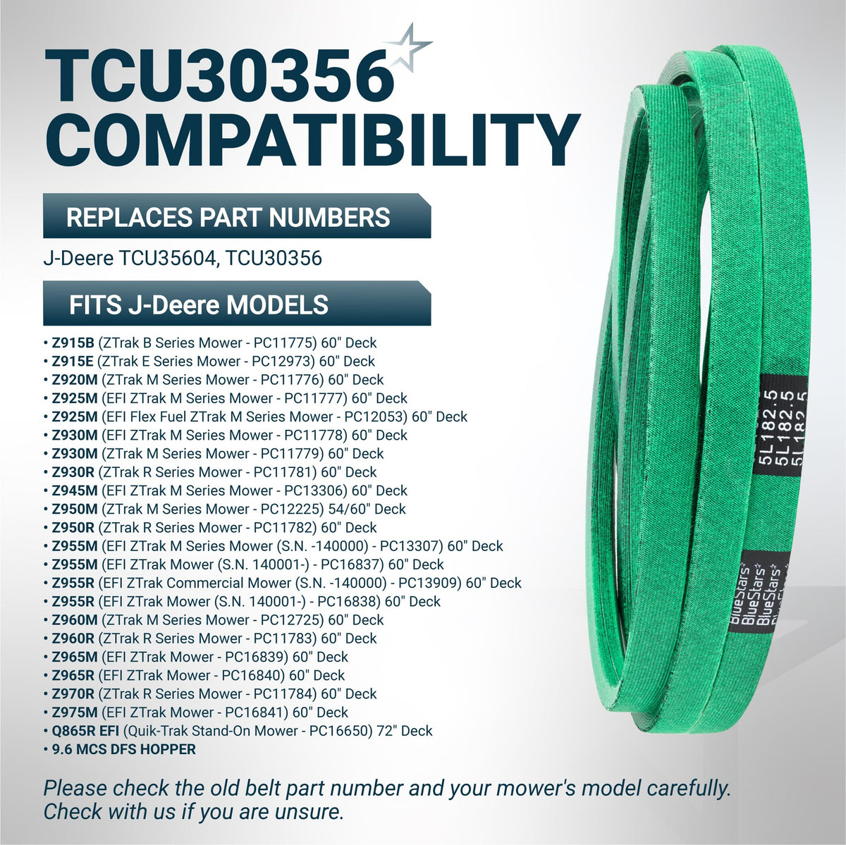 Green replacement mower deck belt for John Deere ZTrak models, compatible with part number TCU30356.