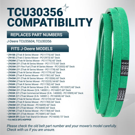 Green replacement mower deck belt for John Deere ZTrak models, compatible with part number TCU30356.
