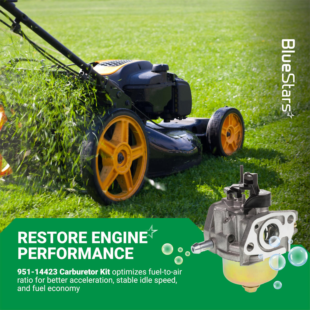 951-14423 replacement carburetor for Cub Cadet and Craftsman 159cc lawn mower engines shown with performance graphic.