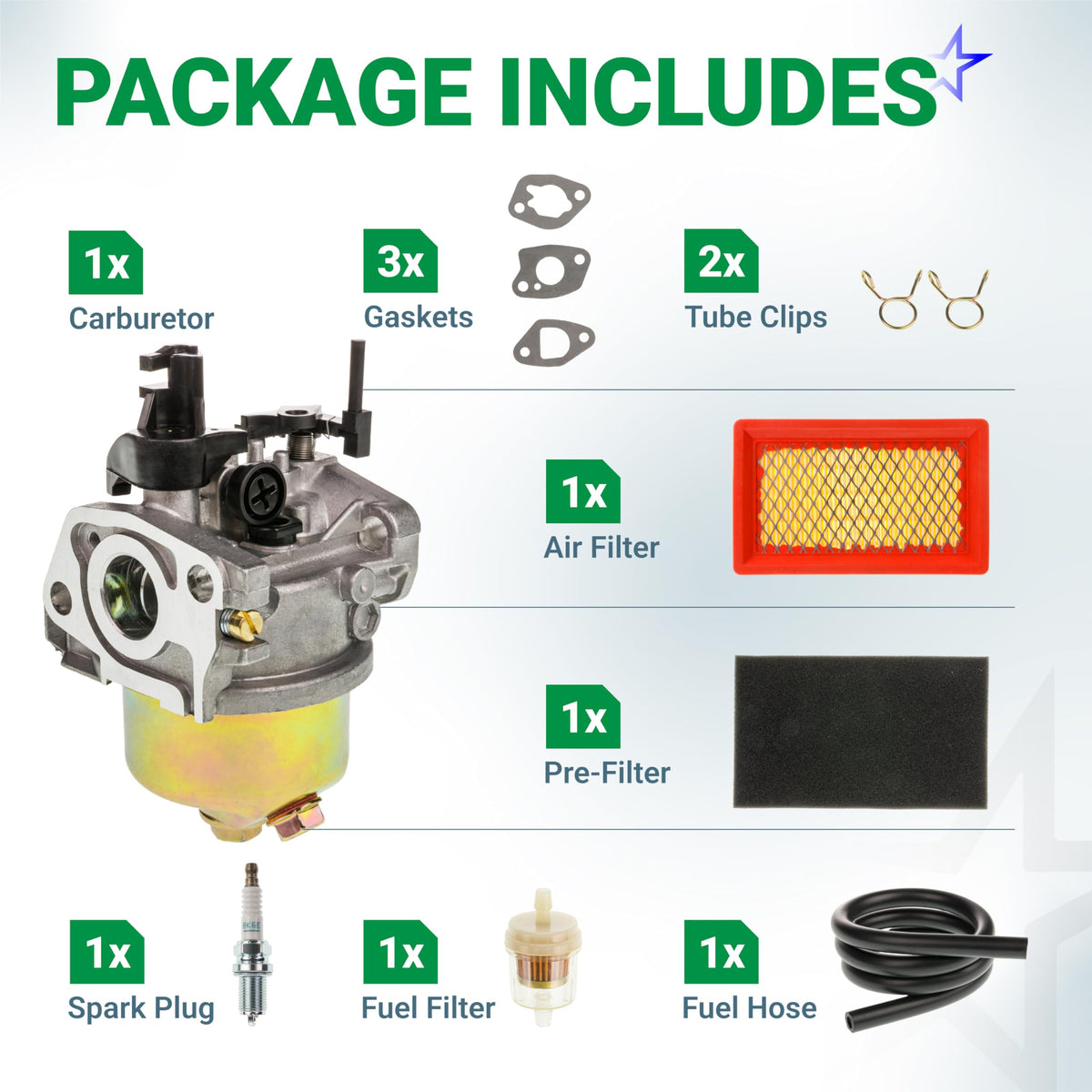 951-14423 carburetor kit components including carburetor, air filter, spark plug, gaskets, and fuel line for 159cc engines.