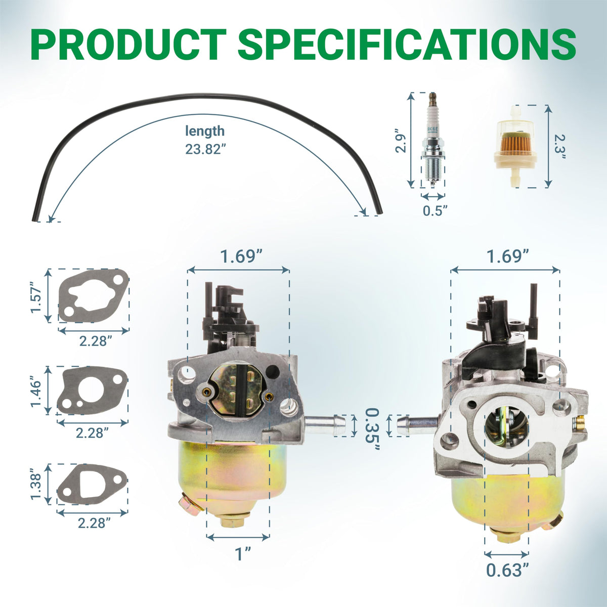Dimensional diagram of 951-14423 carburetor kit components including gaskets, fuel line, spark plug, and fuel filter.