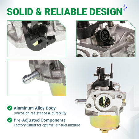 Close-up detail views of 951-14423 lawn mower carburetor showing aluminum body, fuel inlet, and adjustment components.