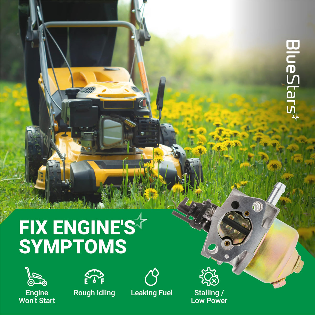 951-14423 carburetor replacement for 159cc lawn mower engines shown with engine troubleshooting symptoms graphic.