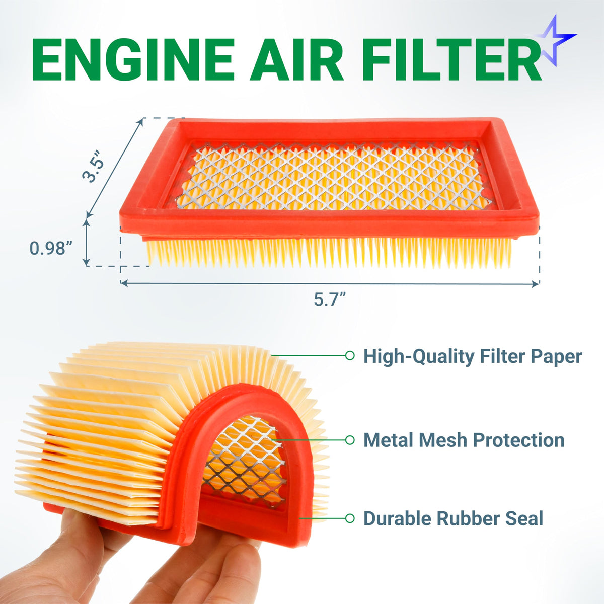 Replacement engine air filter for Cub Cadet and Craftsman lawn mowers with dimensions and material callouts.