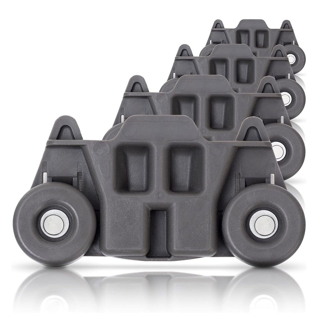 Set of four grey W10195416 dishwasher lower rack wheels for KitchenAid, Whirlpool, and Kenmore dishwashers.