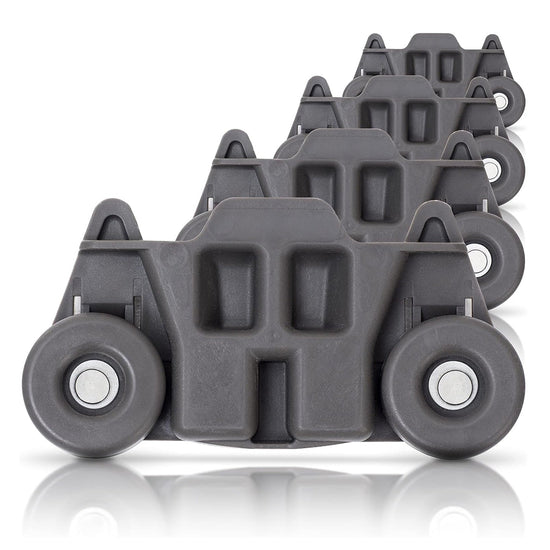 Set of four grey W10195416 dishwasher lower rack wheels for KitchenAid, Whirlpool, and Kenmore dishwashers.