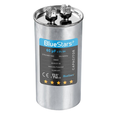 BlueStars 65 uF 370/440 VAC round run capacitor for AC motors and heat pumps.