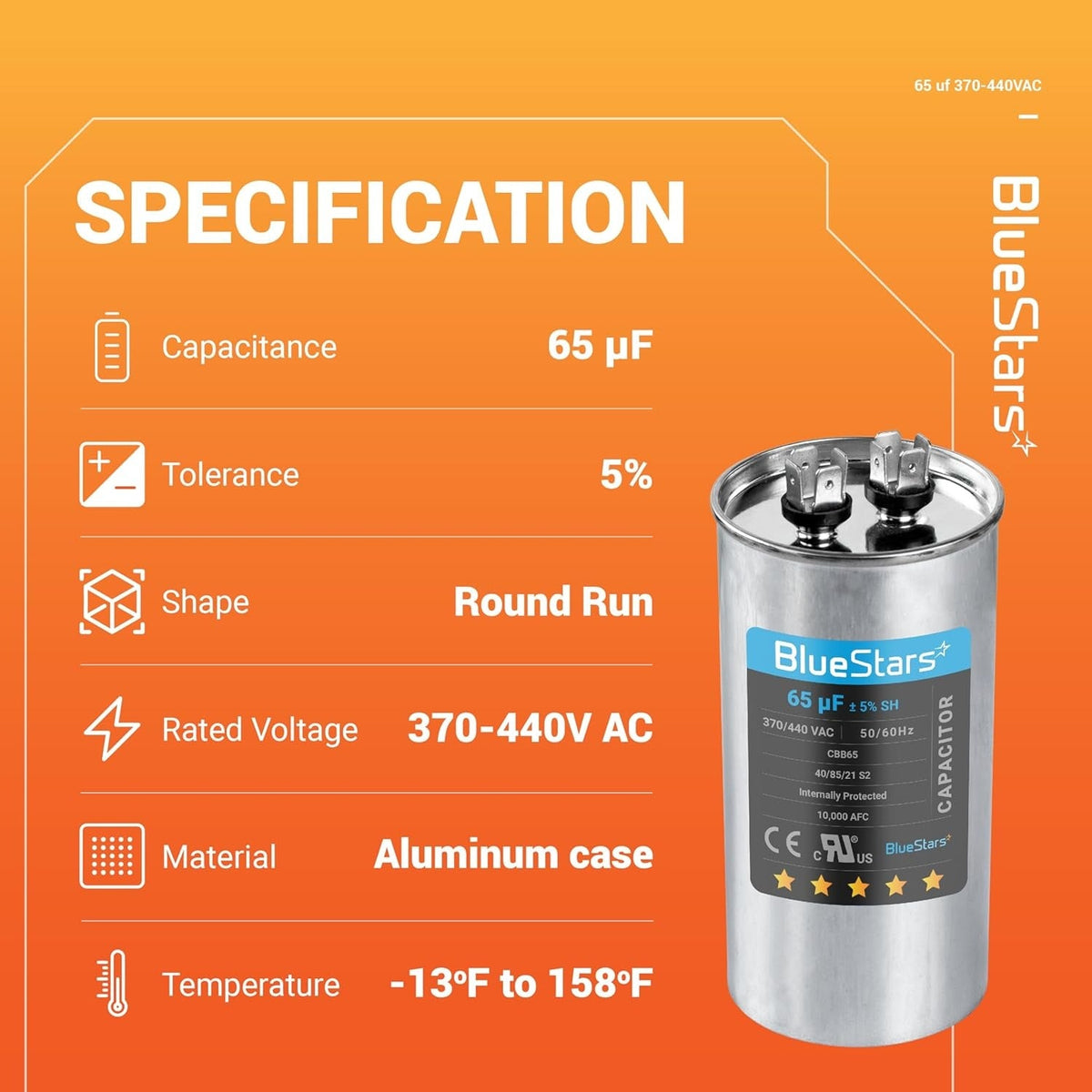 Specification chart for 65 uF 370/440 VAC CBB65 round run capacitor with technical details.