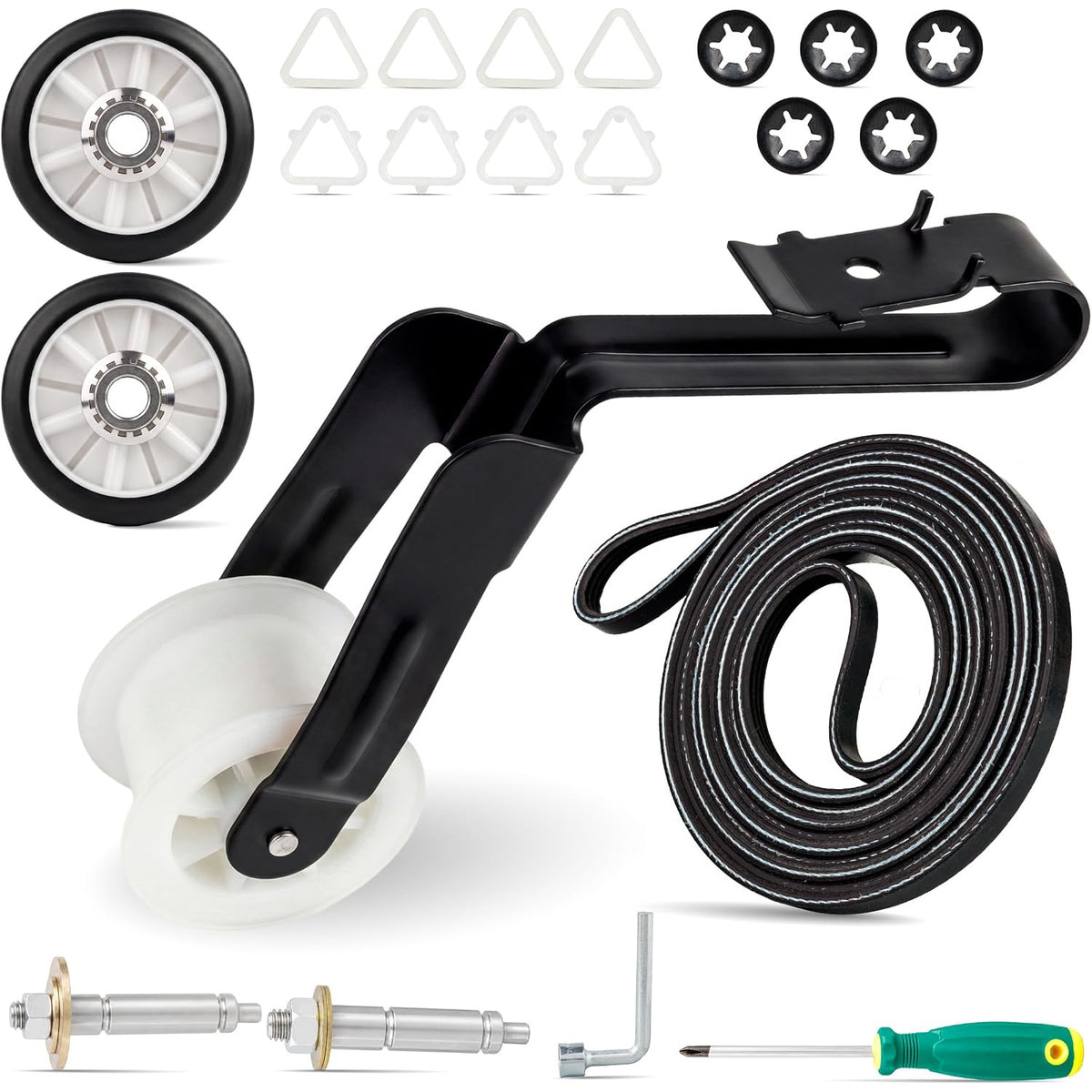 4392065 Dryer Repair Tool Kit showing rollers, belt, bracket, screws, shafts, and included hand tools