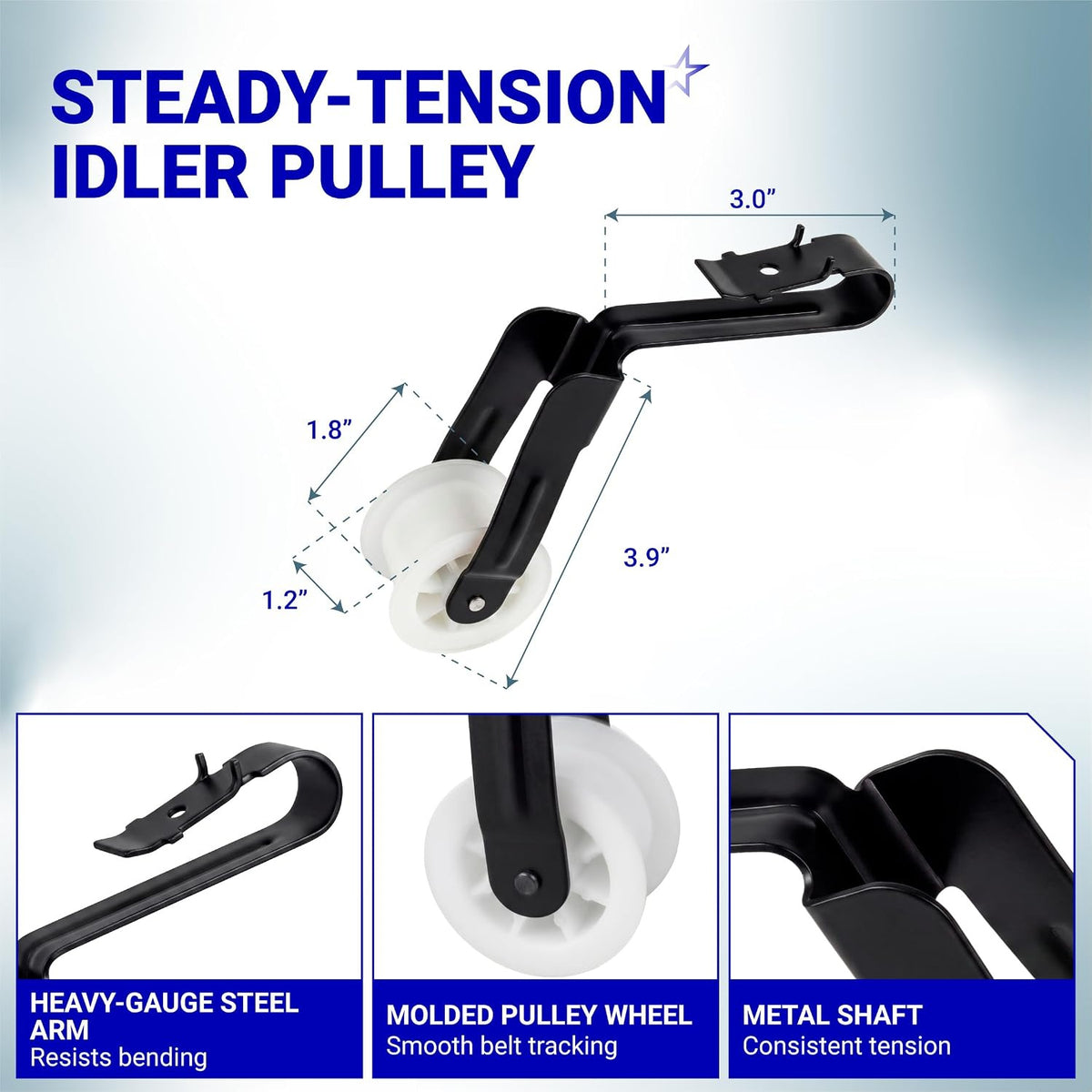 4392065 Dryer Repair Tool Kit showing a steady-tension idler pulley with dimensions and feature close-ups