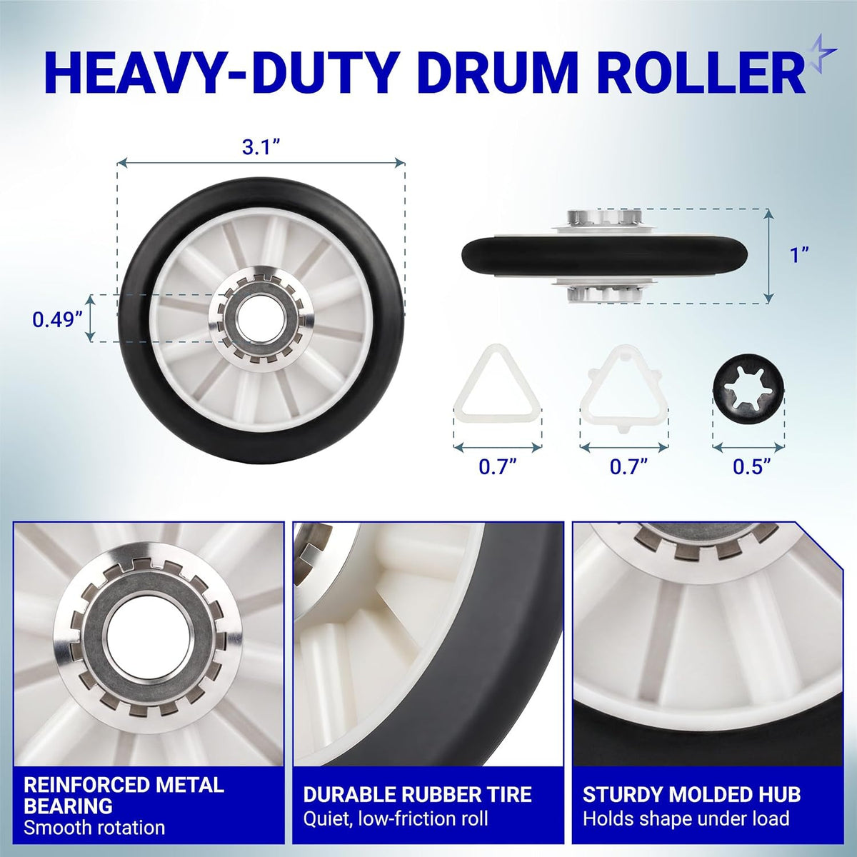 4392065 Dryer Repair Tool Kit dimensions diagram showing drum roller, clips, and screw with close-up detail views