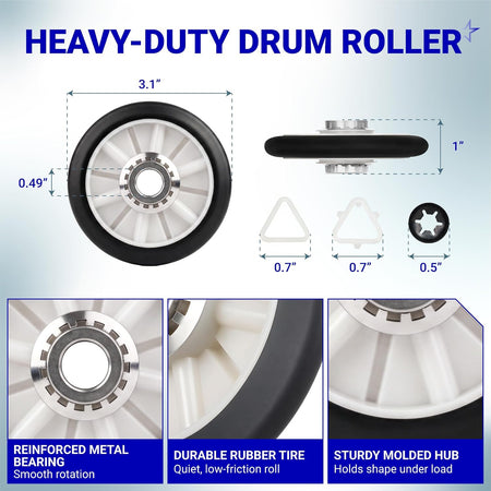 4392065 Dryer Repair Tool Kit dimensions diagram showing drum roller, clips, and screw with close-up detail views