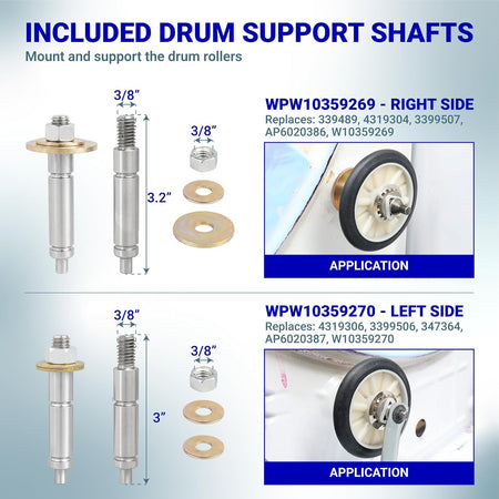 4392065 Dryer Repair Tool Kit, diagram of included drum support shafts with 3/8-inch threads and dimensions