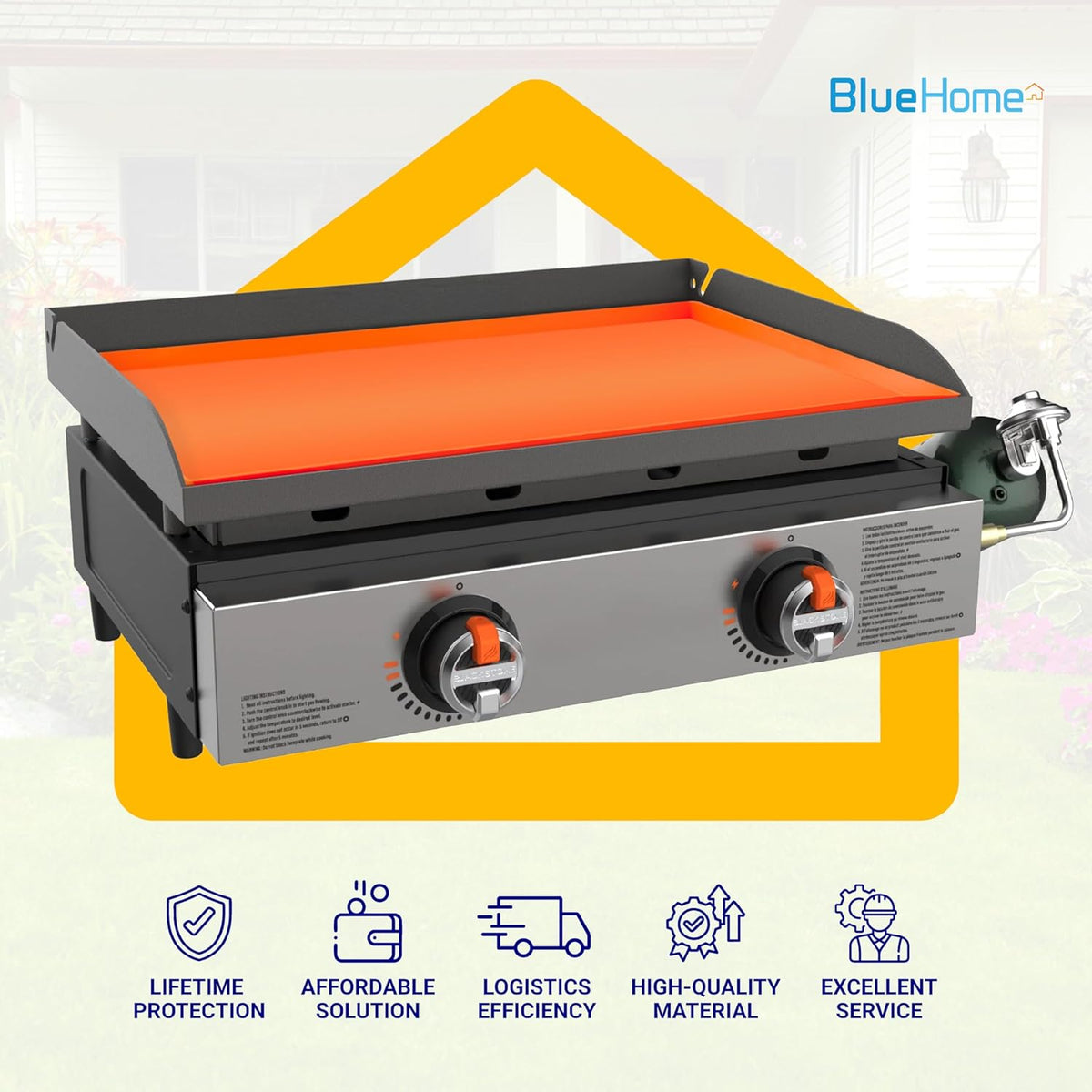 Orange silicone protective mat covering a 36-inch outdoor griddle surface.