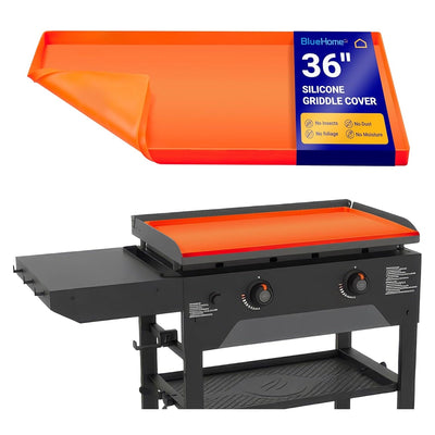 Orange 36-inch silicone griddle mat shown as a protective cover on a black outdoor flat top grill.