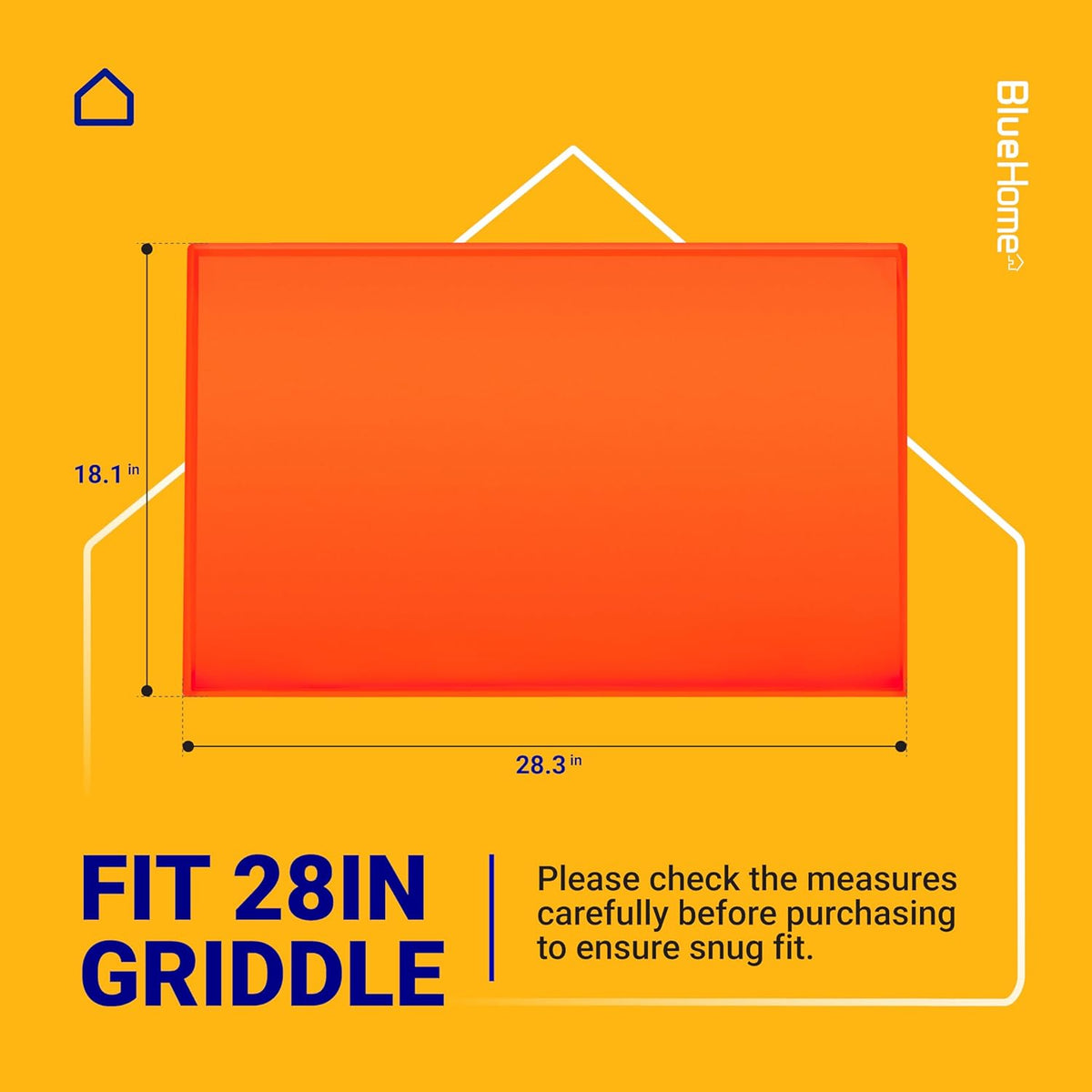 Orange silicone griddle mat showing 18.1 by 28.3 inch dimensions for 28-inch griddle compatibility.