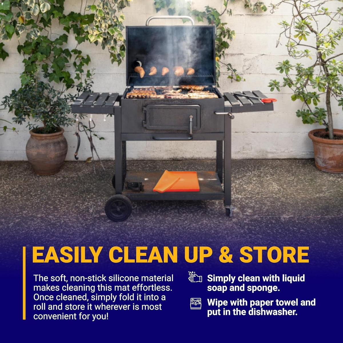 Orange 36-inch silicone griddle mat folded on the bottom shelf of a charcoal grill.