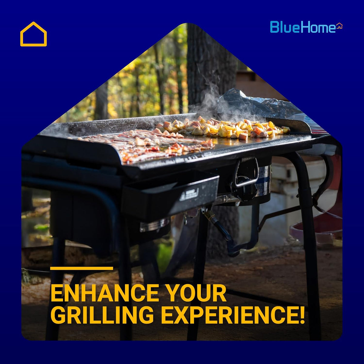 Outdoor 36-inch griddle cooking bacon and potatoes with BlueHome branding.