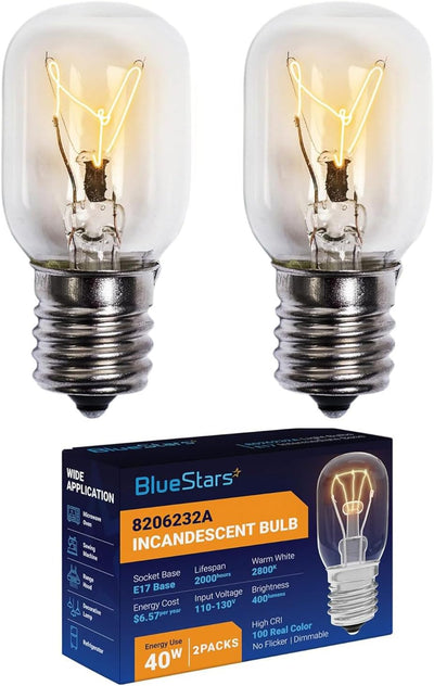 Two 8206232A 40W E17 base microwave oven light bulbs with product packaging box.