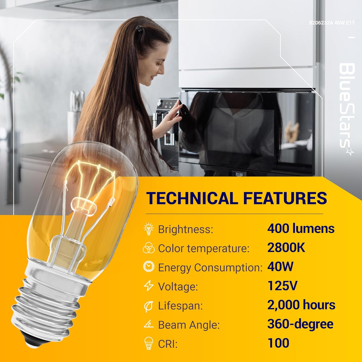 8206232A 40W 125V E17 microwave light bulb with technical specifications and kitchen background.
