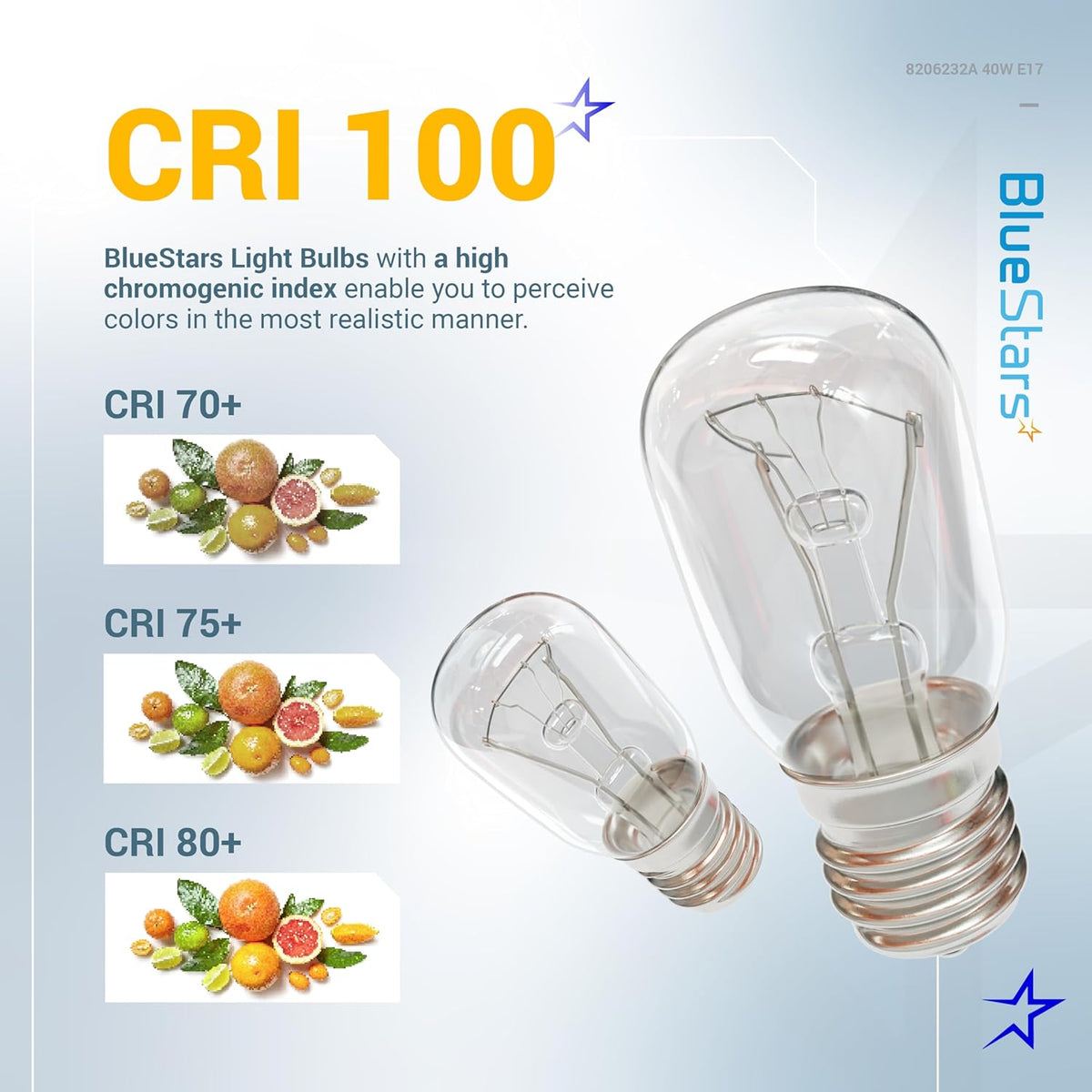 Two 8206232A microwave oven light bulbs with E17 base shown in a CRI 100 color rendering comparison graphic.