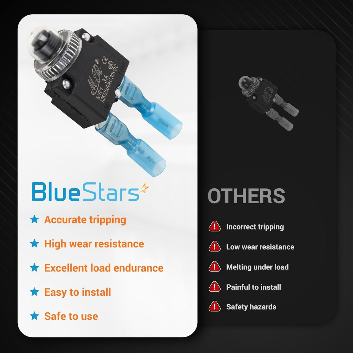 Comparison chart showing a 3Amp thermal circuit breaker with blue terminal connectors versus a generic alternative.