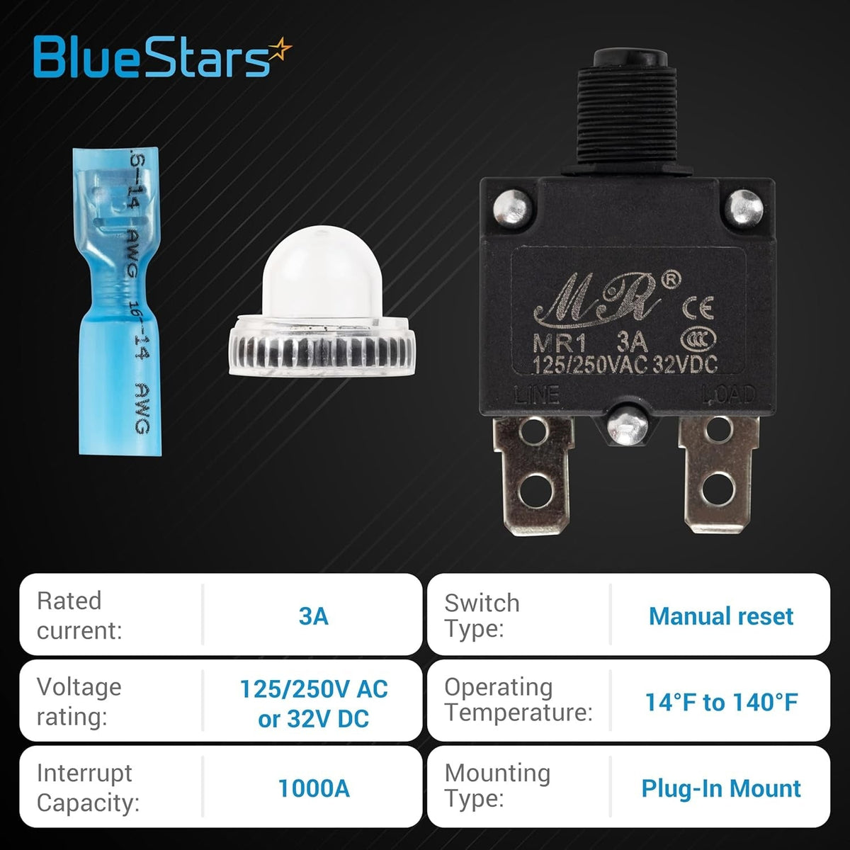 Single 3Amp thermal circuit breaker with waterproof cap and wire terminal connector.