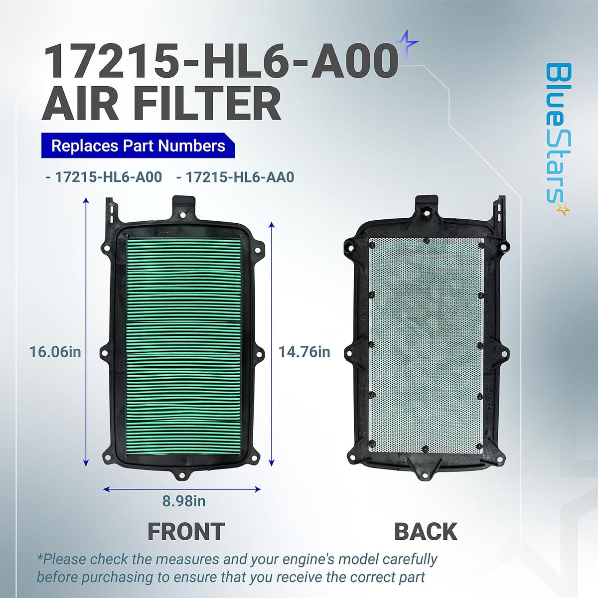 17215-HL6-A00 Air Filter, front and back views with dimensions shown