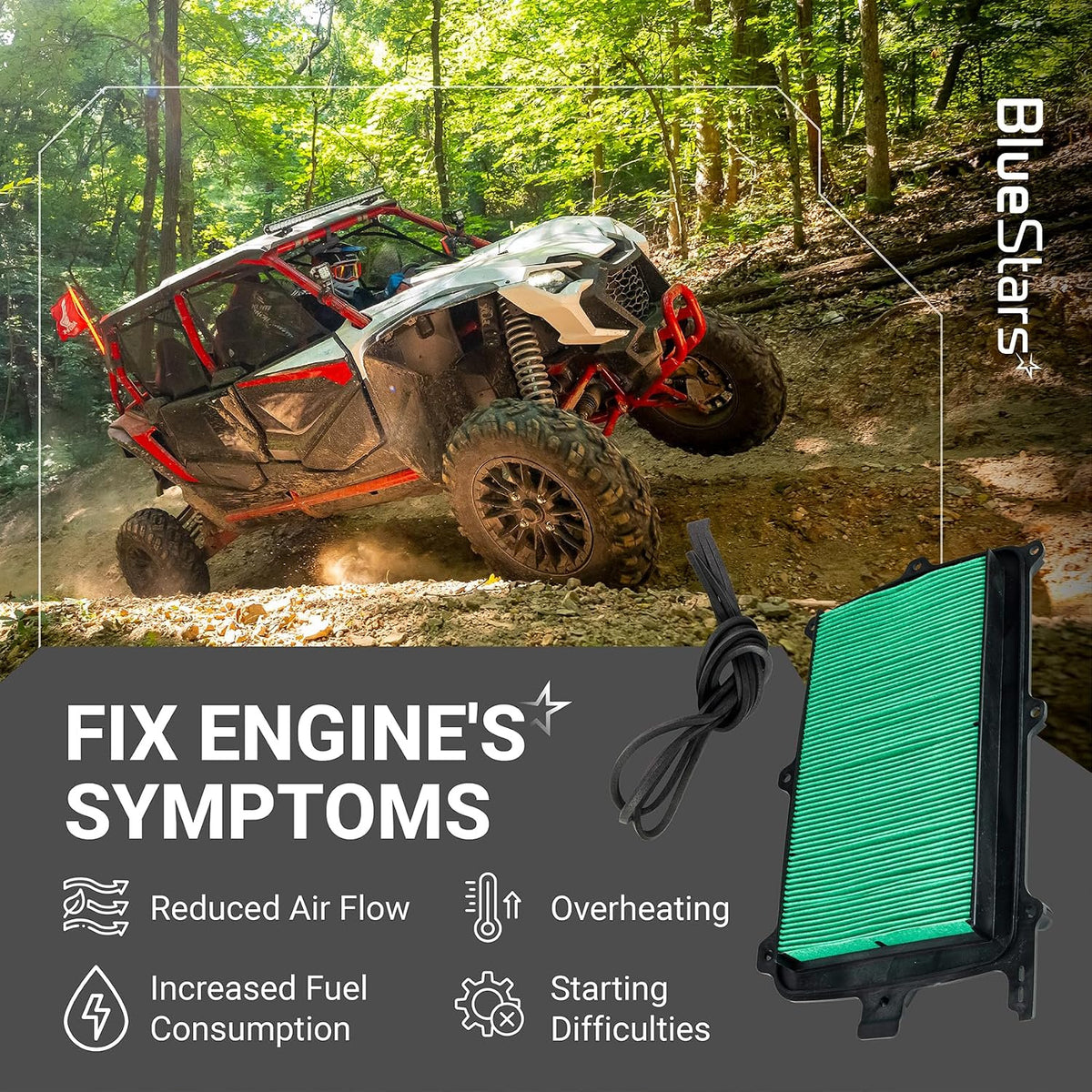 17215-HL6-A00 air filter shown with a Honda Talon 1000 and graphics listing engine symptoms