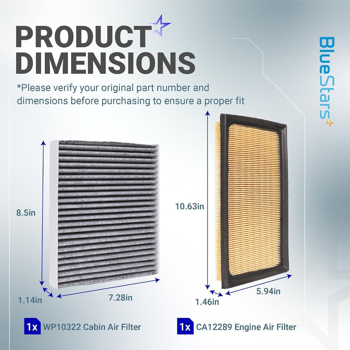 WP10322 Cabin Air Filter and CA12289 Engine Air Filter kit, product dimensions diagram with measurements