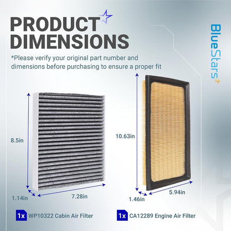 WP10322 Cabin Air Filter and CA12289 Engine Air Filter kit, product dimensions diagram with measurements