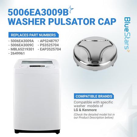 5006EA3009B washer pulsator cap replacement for LG and Kenmore washing machines with part compatibility list.