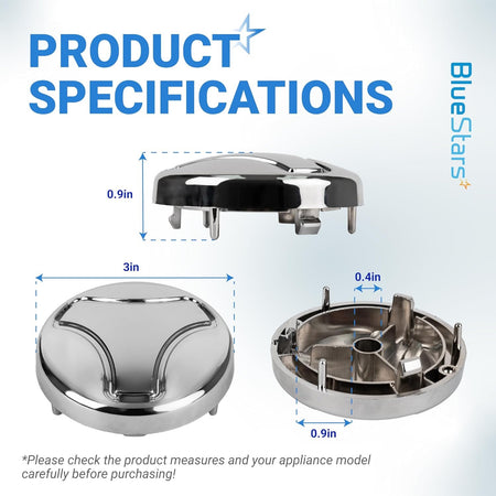 Dimensional diagram of 5006EA3009B washer pulsator cap showing top, side, and bottom views with measurements.