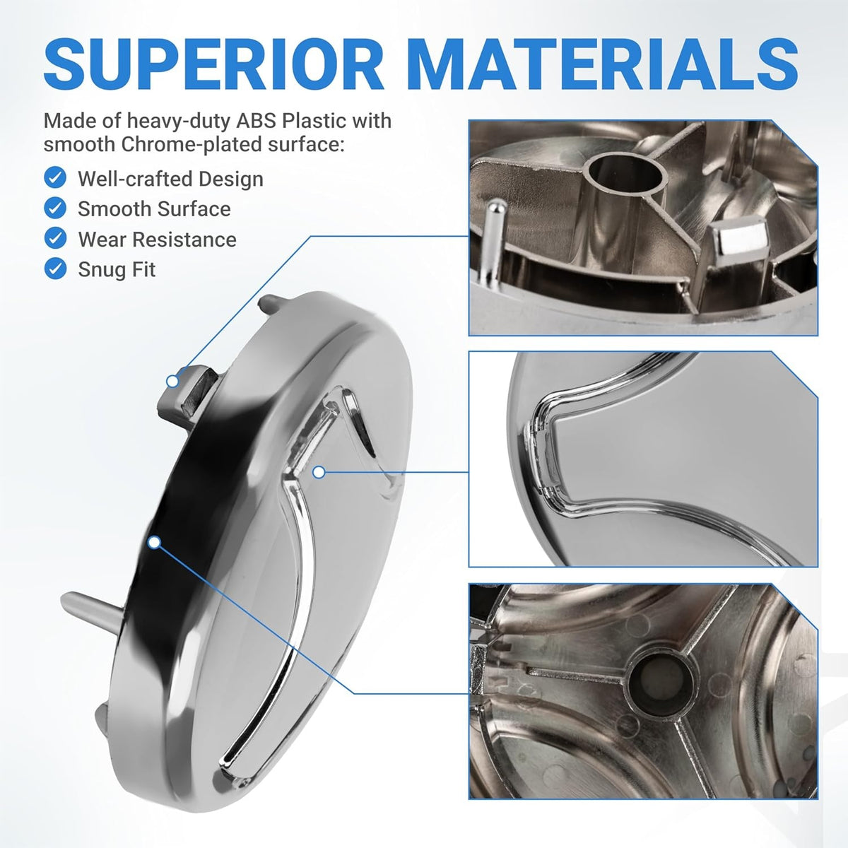 Infographic showing chrome-plated 5006EA3009B washer pulsator cap construction and material details.