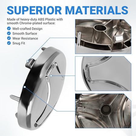 Infographic showing chrome-plated 5006EA3009B washer pulsator cap construction and material details.