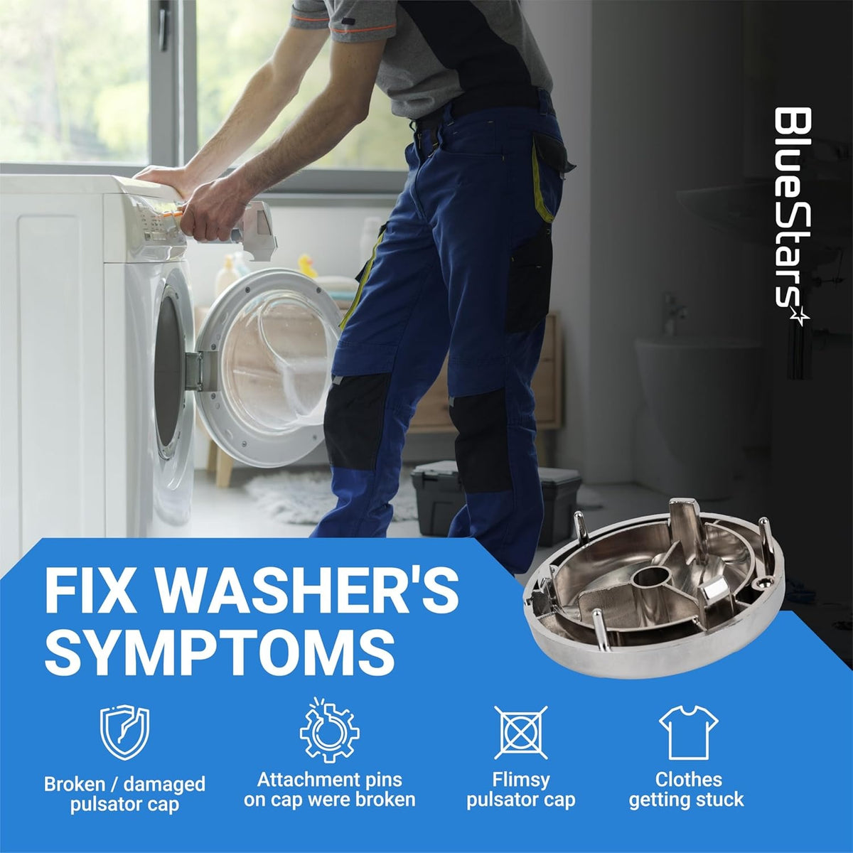 Infographic showing 5006EA3009B washer pulsator cap replacement and common symptoms of a damaged part.