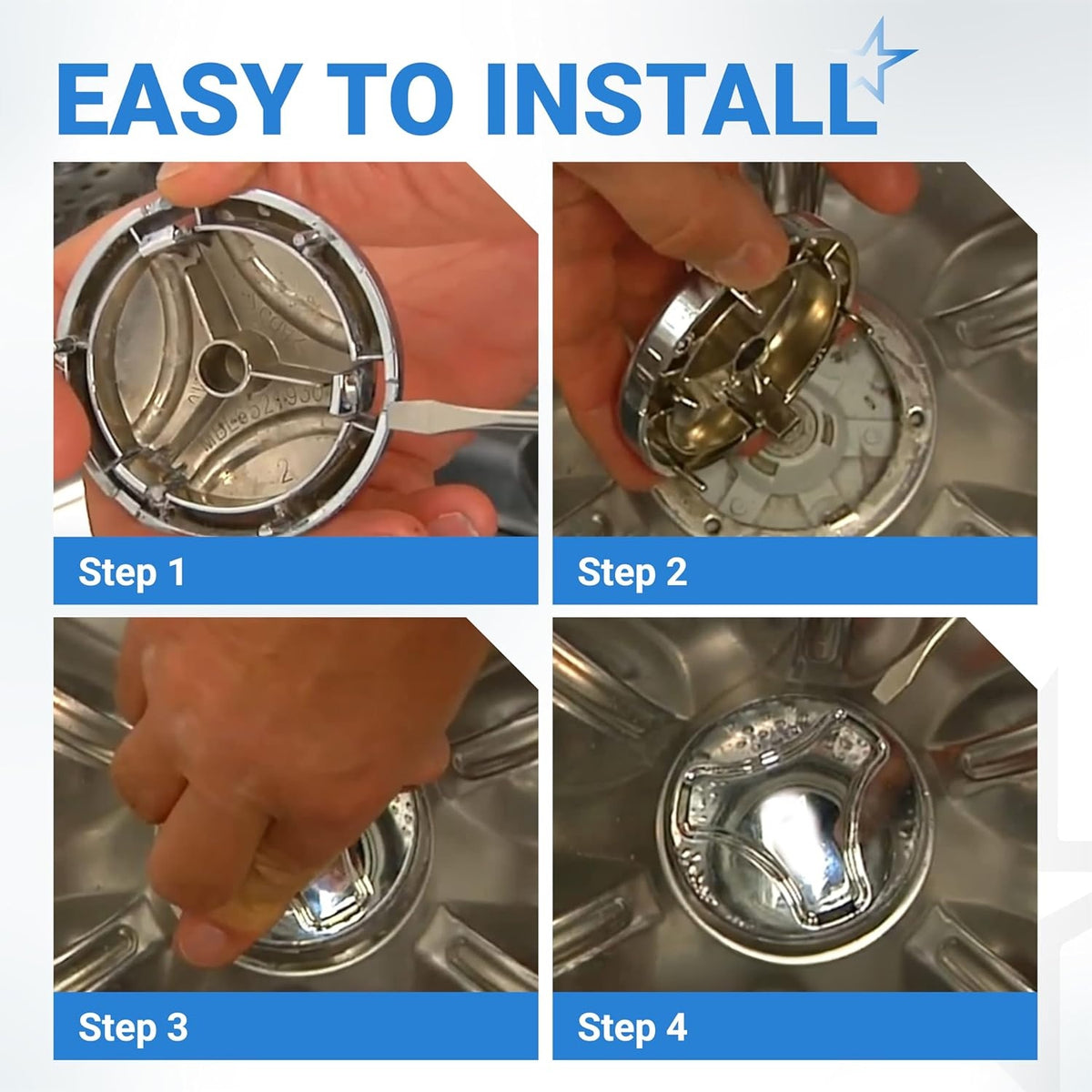 Four-step installation guide for LG and Kenmore washer pulsator cap replacement.