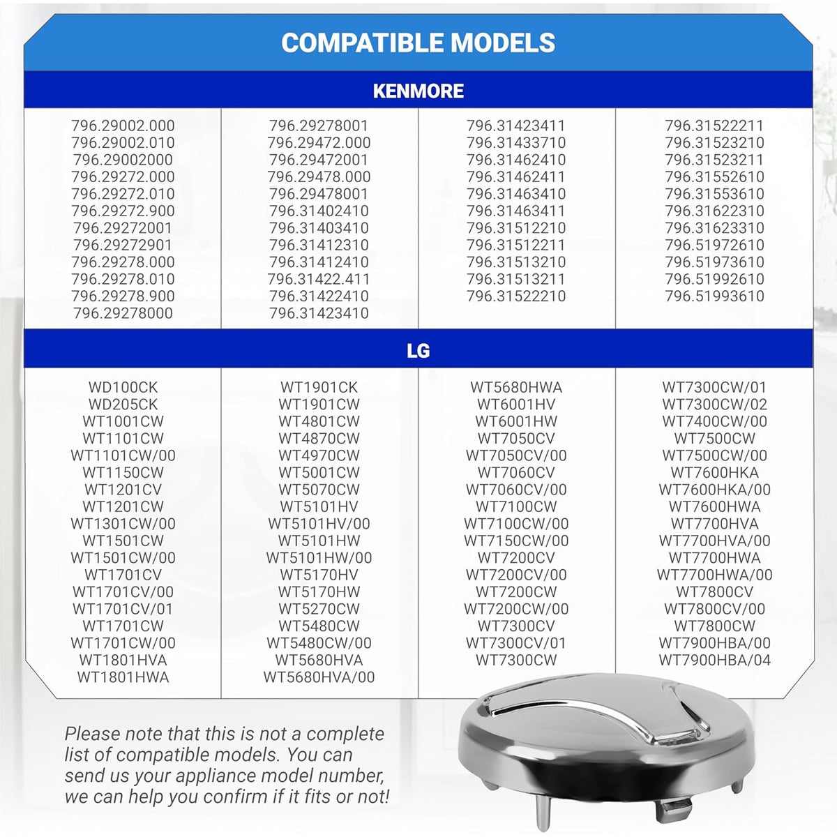 Compatibility chart for 5006EA3009B washer pulsator cap listing compatible LG and Kenmore washing machine models.